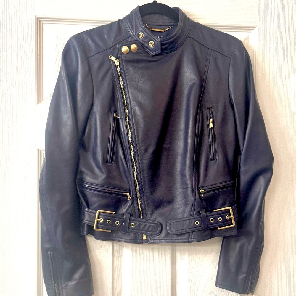 Polo Ralph Lauren Navy Blue Moto leather jacket.
